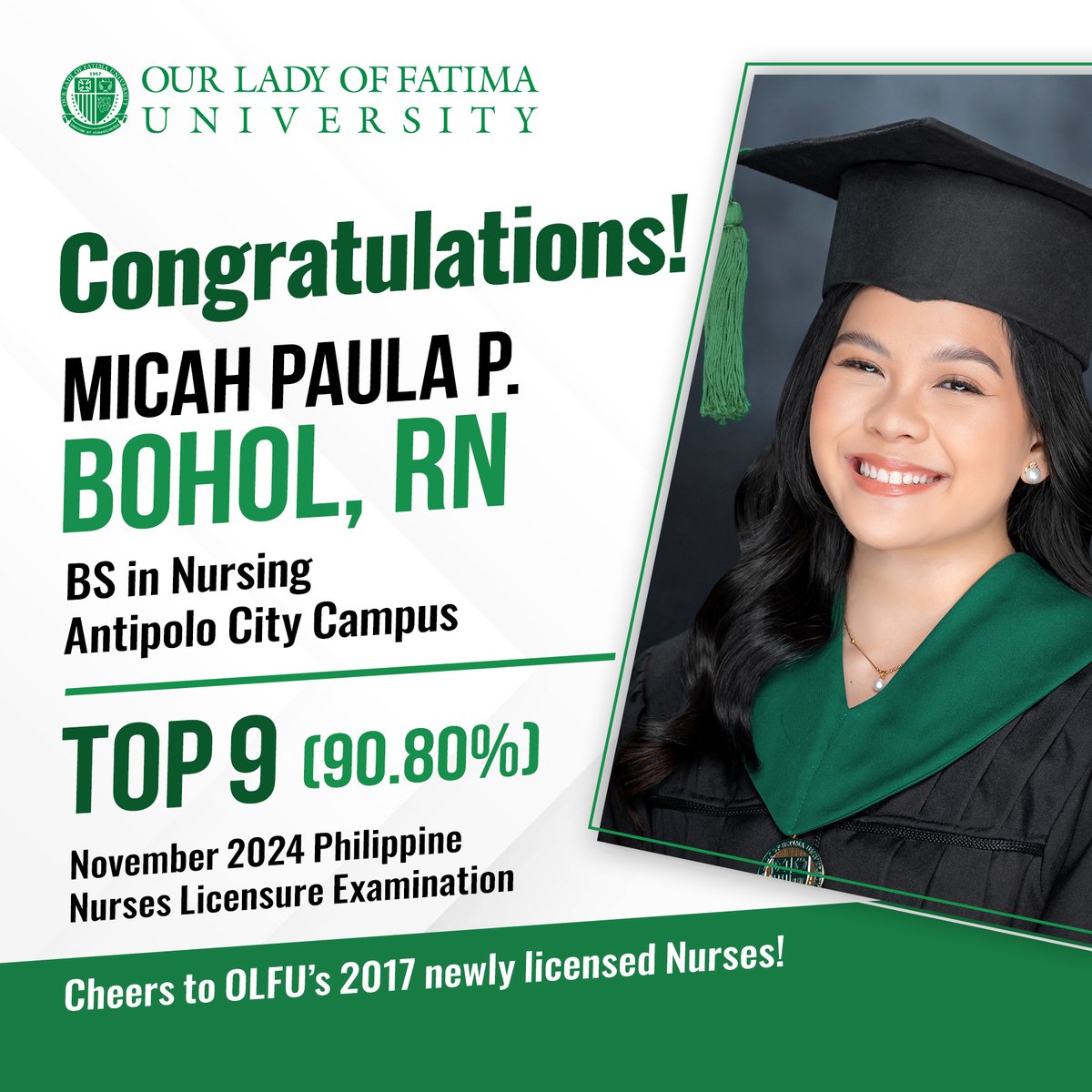fatimaphoenix's tweet photo. OLFU’s College of Nursing Rises with 𝗙𝗼𝘂𝗿 𝗧𝗼𝗽𝗻𝗼𝘁𝗰𝗵𝗲𝗿𝘀 in the 𝗡𝗼𝘃𝗲𝗺𝗯𝗲𝗿 𝟮𝟬𝟮𝟰 𝗣𝗵𝗶𝗹𝗶𝗽𝗽𝗶𝗻𝗲 𝗡𝘂𝗿𝘀𝗲𝘀 𝗟𝗶𝗰𝗲𝗻𝘀𝘂𝗿𝗲 𝗘𝘅𝗮𝗺𝗶𝗻𝗮𝘁𝗶𝗼𝗻!

#HomeoftheTopnotchers #Nursing #RisetotheTop #OLFUTopnotchers #OLFUAchiever #Topnotcher https://t.co/ajb1Y0NLqF