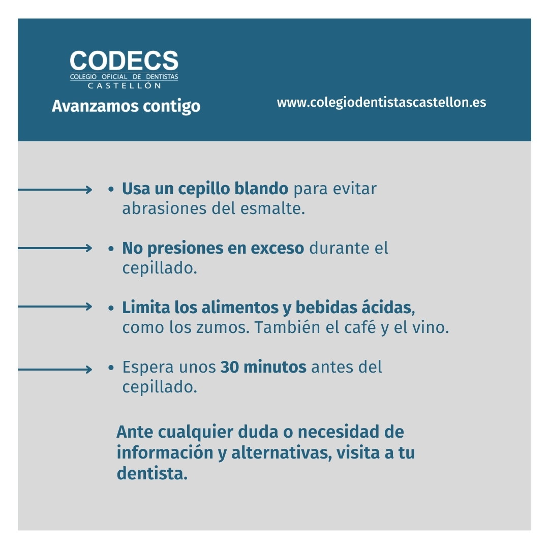 codecs_'s tweet image. Usa un cepillo blando para evitar abrasiones del esmalte.
No presiones en exceso durante el cepillado.
Limita los alimentos y bebidas ácidas, como los zumos. También el café y el vino.
Espera unos 30 minutos antes del cepillado
Ante cualquier duda visita a tu dentista