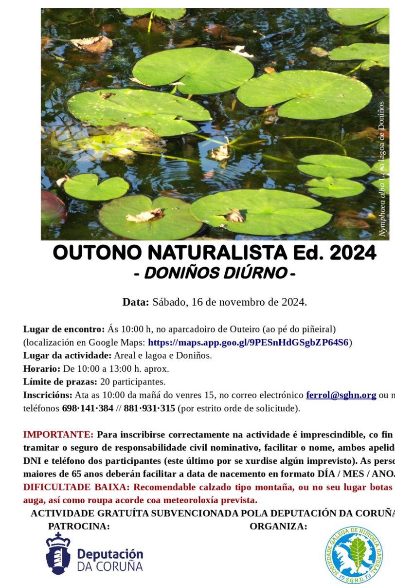 𝗣𝗮𝘀𝗲𝗼 𝗱𝗶ú𝗿𝗻𝗼 𝗰𝗼𝗮 𝗦𝗚𝗛𝗡 𝗽𝗼𝗿 𝗗𝗼𝗻𝗶ñ𝗼𝘀!
Nova actividade gratuíta 16 decembro do programa "𝗢𝗨𝗧𝗢𝗡𝗢𝗦 𝗡𝗔𝗧𝗨𝗥𝗔𝗟𝗜𝗦𝗧𝗔𝗦" baixo o 𝗽𝗮𝘁𝗿𝗼𝗰𝗶𝗻𝗶𝗼 de <a href="/Depucoruna/">Deputación da Coruña</a> 
Horario de 10:00 a 13:00. 20 prazas 𝗳𝗲𝗿𝗿𝗼𝗹@𝘀𝗴𝗵𝗻.𝗼𝗿𝗴