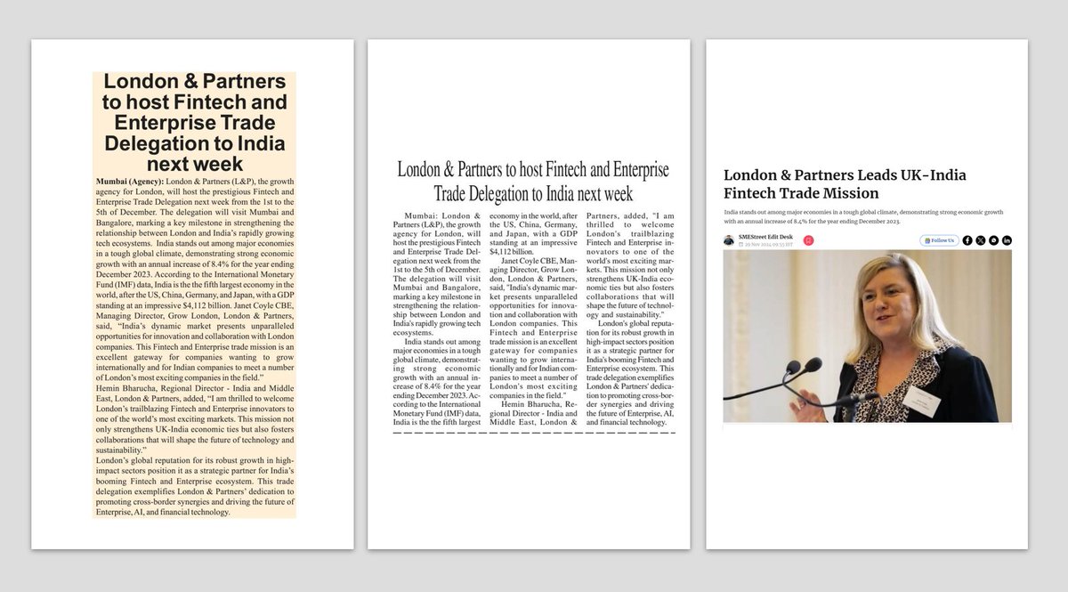 Neha Karnad (@nehakarnadd) on Twitter photo 2 days to go! Great coverage in The Financial Express, The Telegraph and CXOToday on the London & Partners Fintech-Enterprise Trade Delegation to India, led by Managing Director <a href="/janetcoyle2/">Janet Coyle CBE</a> 🇮🇳🇬🇧
#JanetInIndia 2 days to go! Great coverage in The Financial Express, The Telegraph and CXOToday on the London & Partners Fintech-Enterprise Trade Delegation to India, led by Managing Director <a href="/janetcoyle2/">Janet Coyle CBE</a> 🇮🇳🇬🇧
#JanetInIndia