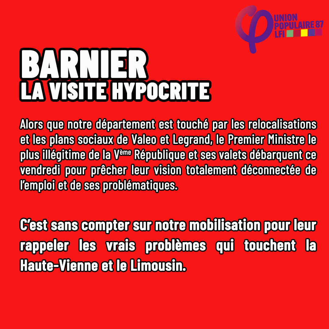 unionpopu_lim's tweet photo. Il est l'heure de ramener le gouvernement Barnier à la réalité ⏰

On connaît leurs techniques : prêcher que tout va bien, tenter de vendre le faux positif d'un bilan et d'un projet catastrophiques.

Chez nous, ça ne passera pas aussi facilement monsieur le Premier Ministre ❌ https://t.co/R1Y9fmdrDJ
