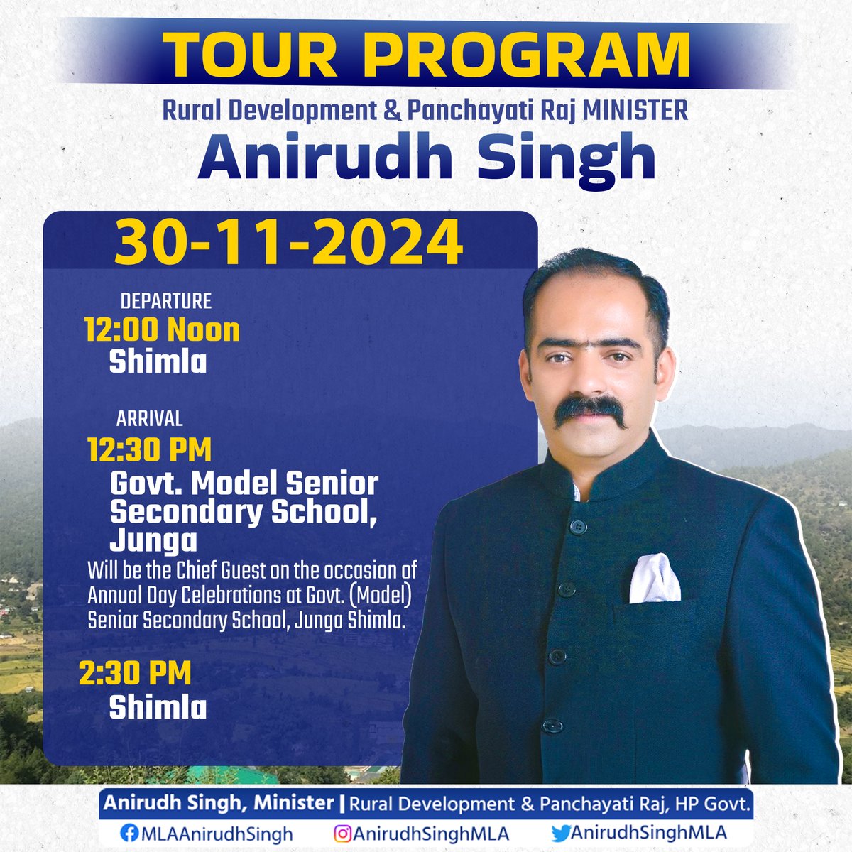 anirudhsinghMLA's tweet photo. Tour Program for 30 November, 2024.
#Shimla #Junga https://t.co/2gRsZqZA6M