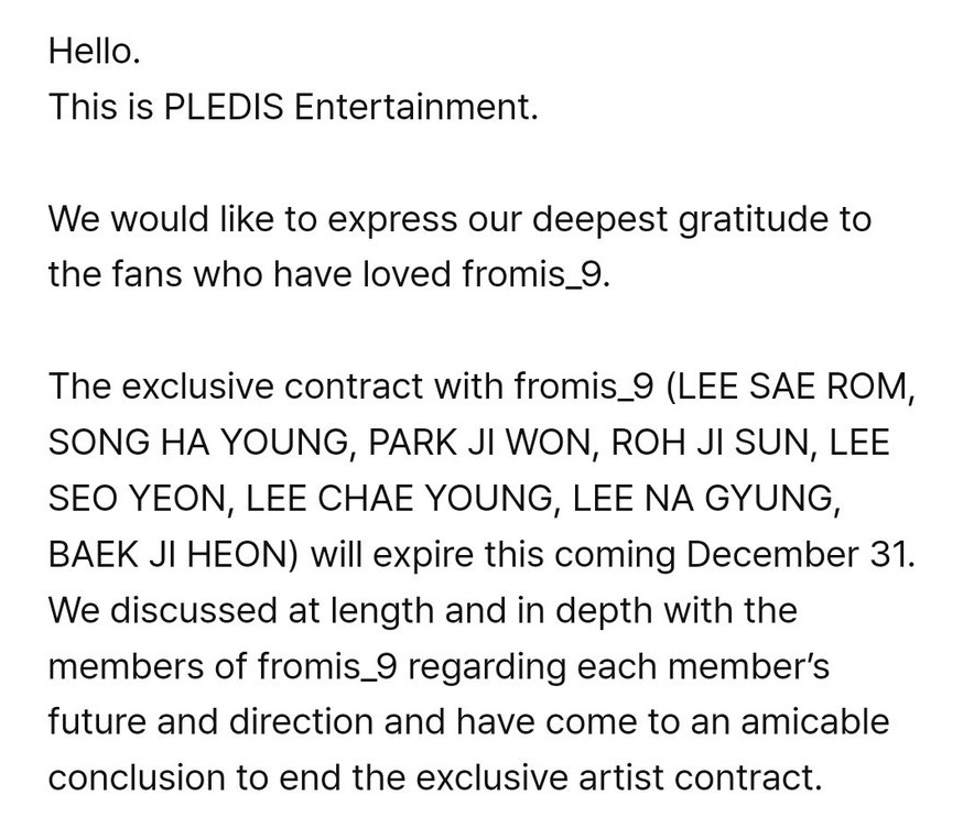 staywithfromis's tweet photo. To : all of our girls. 

We would like to announce you since 𝖿𝗋𝗈𝗆𝗂𝗌_9 will be departing from 𝗉𝗅𝖾𝖽𝗂𝗌 𝖾𝗇𝗍𝖾𝗋𝗍𝖺𝗂𝗆𝖾𝗇𝗍 on Desember 31st. You're no longer forbidden to use the membership pictures/video for your profile needs and update chara. https://t.co/3pXdxH4bgO