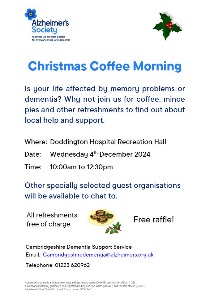 SUNnetworkCambs's tweet image. 🎄 Join the @Alzheimer&apos;s Society  for a Christmas Coffee Morning! ☕ Enjoy coffee, mince pies and a free raffle while connecting with local support services.

📅 4th Dec 2024
📍 Doddington Hospital Recreation Hall
⏰ 10am - 12:30pm

Info: Cambridgeshiredementia@alzheimers.org.uk