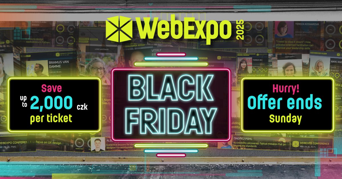 Naše <a href="/asociaceux/">Asociace UX</a> bude i v příštím roce partnerem konference <a href="/webexpo/">WebExpo Conference - May 28-30, 2025</a>, ale BLACK FRIDAY je už dnes a tak vám dáváme vědět, že můžete ušetřit až 2000 Kč za lístek: webexpo.net/tickets/
Nabídka končí v neděli!