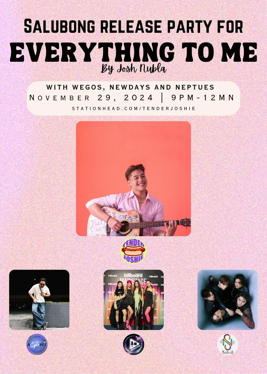 Hey, Tender Joshies! Are ready for <a href="/NublaJosh/">Josh Nubla</a> 's second release? Cause we are going to have our salubong party tonight with WeGos, NewDays and Neptunes! 💚✨

November 29 | 9PM-12MN 
stationhead.com/tenderjoshie

#EverythingToMe #JoshNubla #SecondRelease #SalubongParty