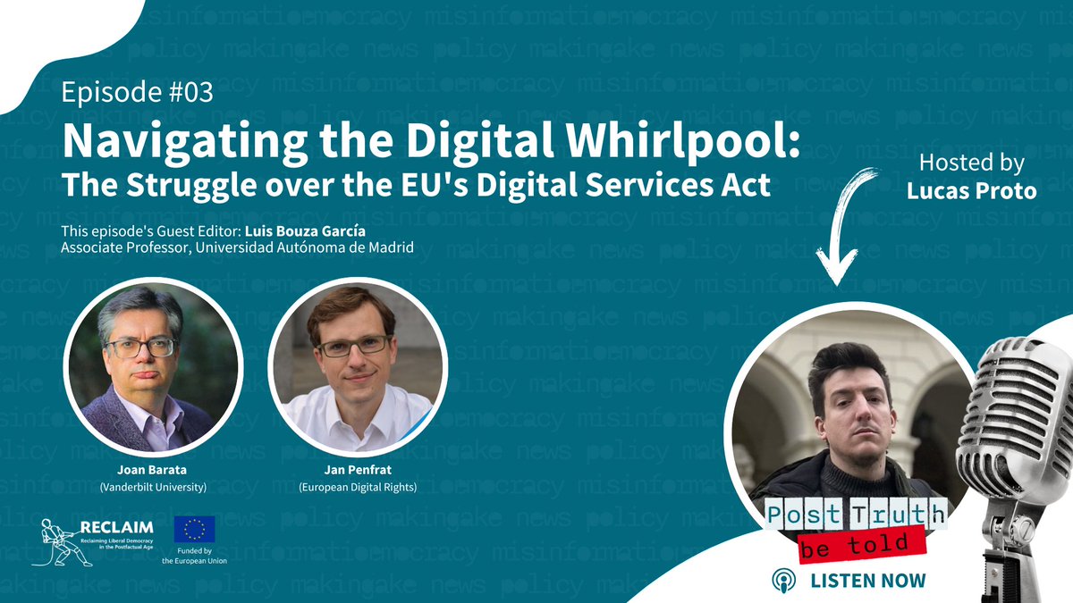 Out now!!! Episode #3 of the RECLAIM podcast 🎙️Post-truth be told🎙️
📻Navigating the Digital Whirlpool: The Struggle Over the EU's DSA 🧐

🔊 Listen now, and don’t forget to subscribe!
🎧Spotify: spoti.fi/3Vc4PIQ
🎧Apple: apple.co/4eNeE7j
🌐More info on the RECLAIM