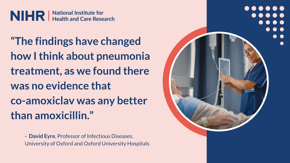 💊 Evidence supports NICE guidelines in encouraging clinicians to use amoxicillin (a narrow-spectrum #antibiotic) for mild to moderate pneumonia.

Amoxicillin is as effective as a broad-spectrum antibiotic for many people hospitalised with pneumonia 👉 evidence.nihr.ac.uk/alert/amoxicil…