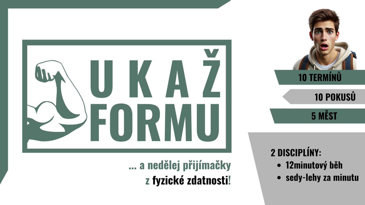 💪🏼 Univerzita obrany nabízí zájemcům o studium ve vojenských prezenčních magisterských studijních programech možnost vyzkoušet si přezkoušení z tělesné zdatnosti.

• 12minutový běh 
• sedy lehy za minutu 
• shyby (pouze vojenský záchranář)
<a href="/ObranaTweetuje/">Ministerstvo obrany</a> <a href="/ArmadaCR/">Armáda ČR</a>