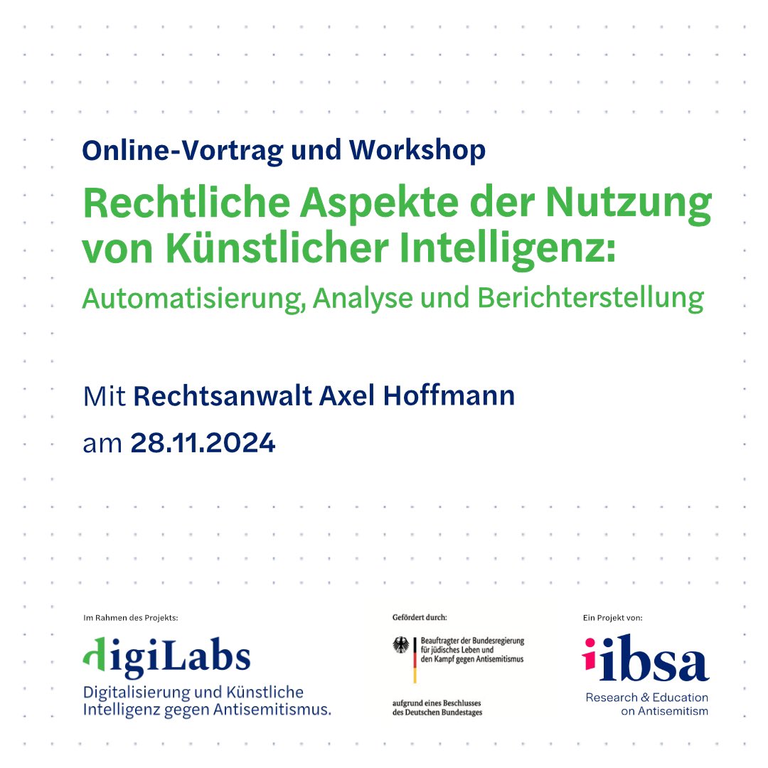 iibsa_org's tweet image. digiLabs – Digitalisierung und KI gegen Antisemitismus: RA Axel Hoffmann sprach am 28.11.24 beim neuen IIBSA-Projekt über rechtliche Aspekte der KI-Nutzung. Weitere #digiLabs -Module folgen. 
#Antisemitismus #IIBSA