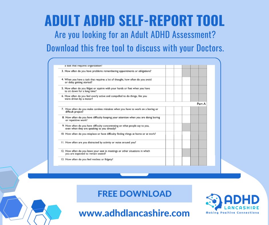 Free Download: Adult ADHD Self-report Tool

Do you suspect you may have adult ADHD and want to pursue an assessment?

adhdlancashire.com/adult-adhd-sel…

"Prepare for Your Next Step with Confidence!"

#adultadhd #adhdassessments #adhdlancashire