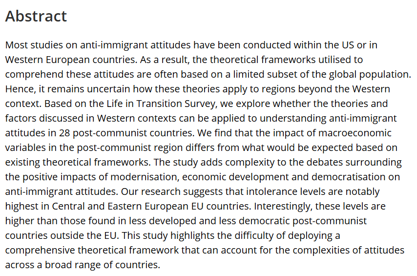 n_nationalism's tweet photo. Anti-immigrant attitudes are usually studied in the US or Western Europe. David Andreas Bell &amp; Marko Valenta address that gap, looking at 28 post-communist countries, in 'Outside the Western bubble', available now on #earlyview and #openaccess at https://t.co/U98bsxRrYC https://t.co/R6aHPIcbd9