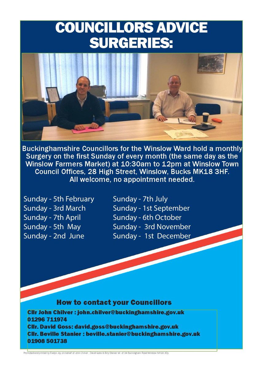 Usual Buckingham Councillors’ advice surgery this Sunday 1st December 10.30-12.00am in the Winslow Town Council office 28 High Street.  All Welcome.