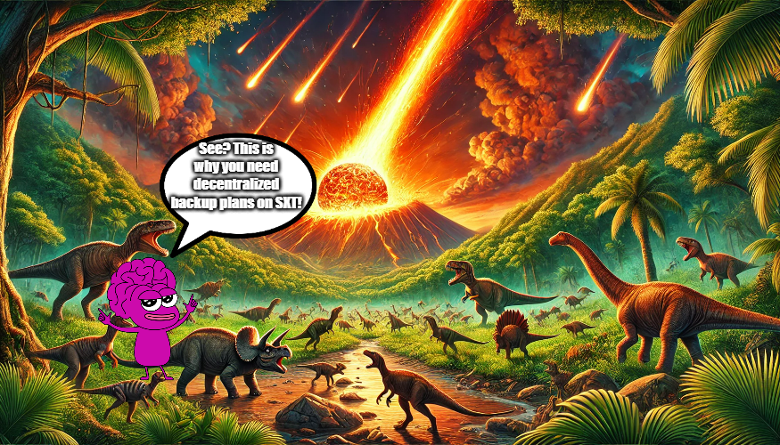 liudaresk's tweet photo. 66 million years ago: Dinosaurs panicked as the meteor approached. If only they had @spaceandtime for decentralized disaster planning, their extinction could've been avoided! 🌍☄️🦖
My entry to #Gigabrain silly history contest! https://t.co/m5kskvYQIk