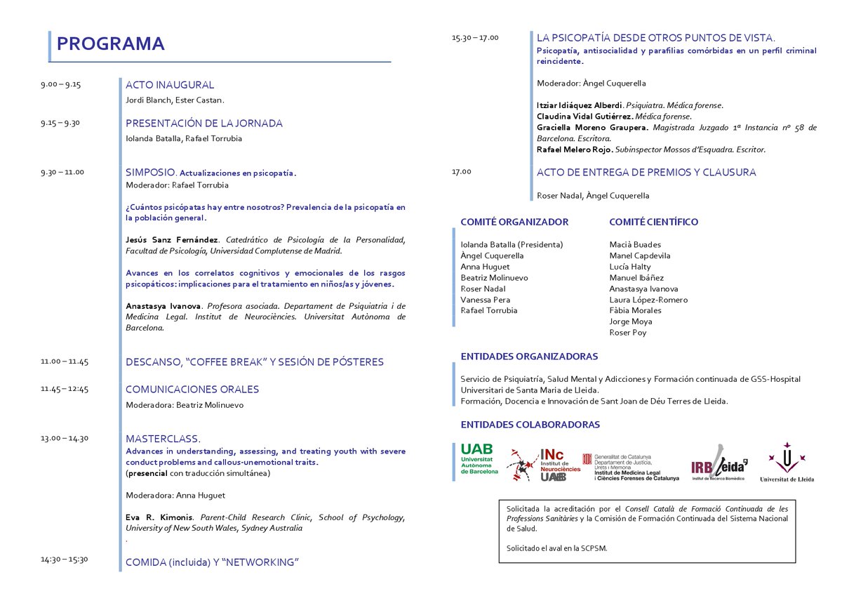 JPsicopatia's tweet image. Jornada de #psicopatía
28/02/25
COMITÉ CIENTÍFICO
Macià Buades
Manel Capdevila
Lucía Halty
Manuel Ibáñez
Anastasya Ivanova
Laura López-Romero
Fàbia Morales
Jorge Moya
Roser Poy