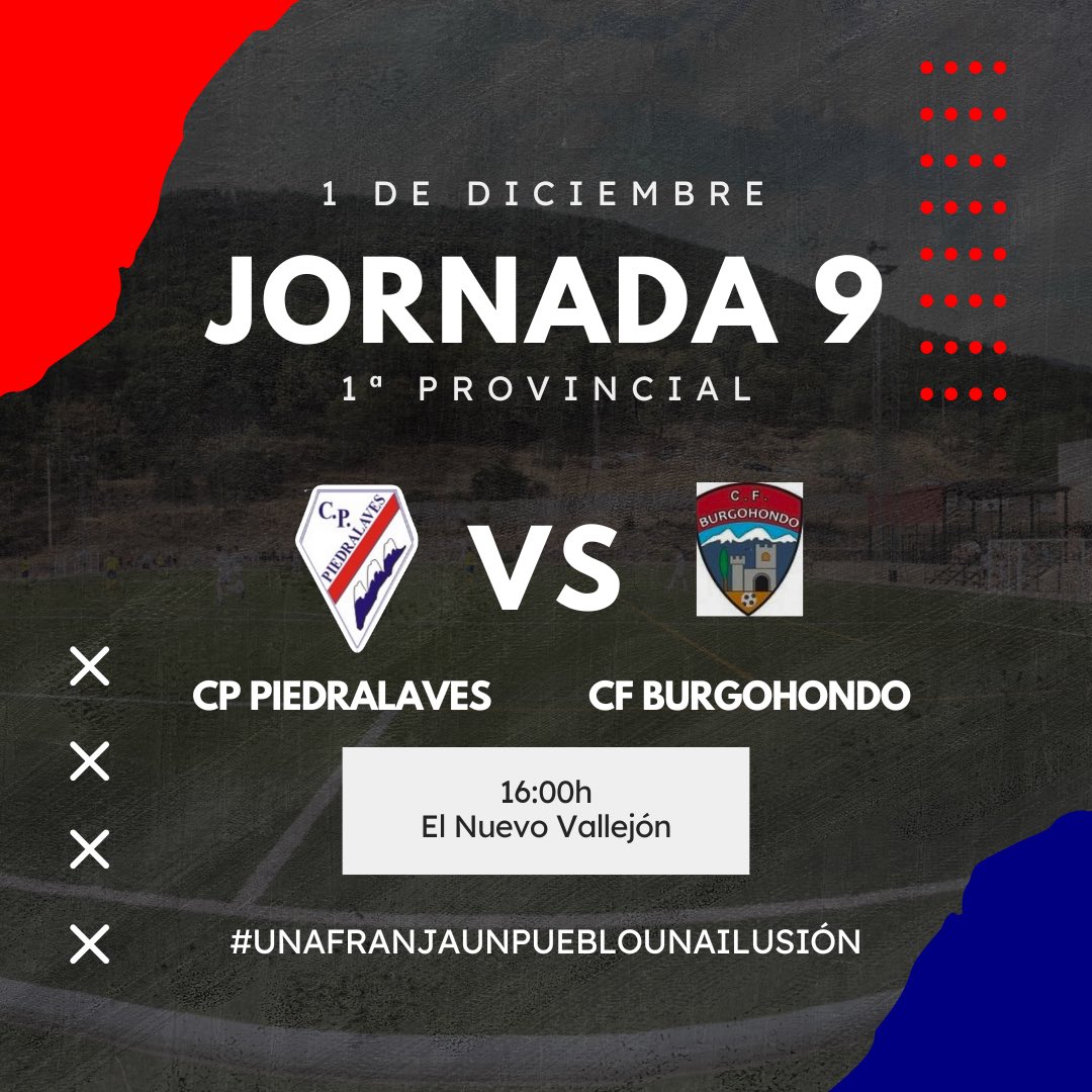 ⚽️ PRIMERA PROVINCIAL - JORNADA 9

🏠 Este domingo volvemos a jugar en casa y recibimos la visita del CF Burgohondo.

🕓 Partido programado para este domingo día 1 de diciembre a las 16:00h.

🏟 El Nuevo Vallejón.

¡SOMOS EQUIPO! ⚪️♥️⚪️
#unafranjaunpueblounailusion