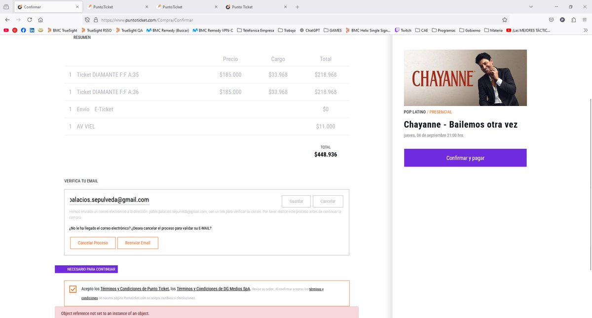ThePabloPS's tweet photo. @puntoticket que paso?? iba todo bien seleccione los asientos y  estacionamiento, pero al querer pagar con cualquier medio (WEBPAY, GETNET, BANCOS, ETC) daba error y no me dejo pagar.
@CHAYANNEMUSIC esto pasa con @puntoticket
Necesito una solución https://t.co/MYsAVk0Kxj