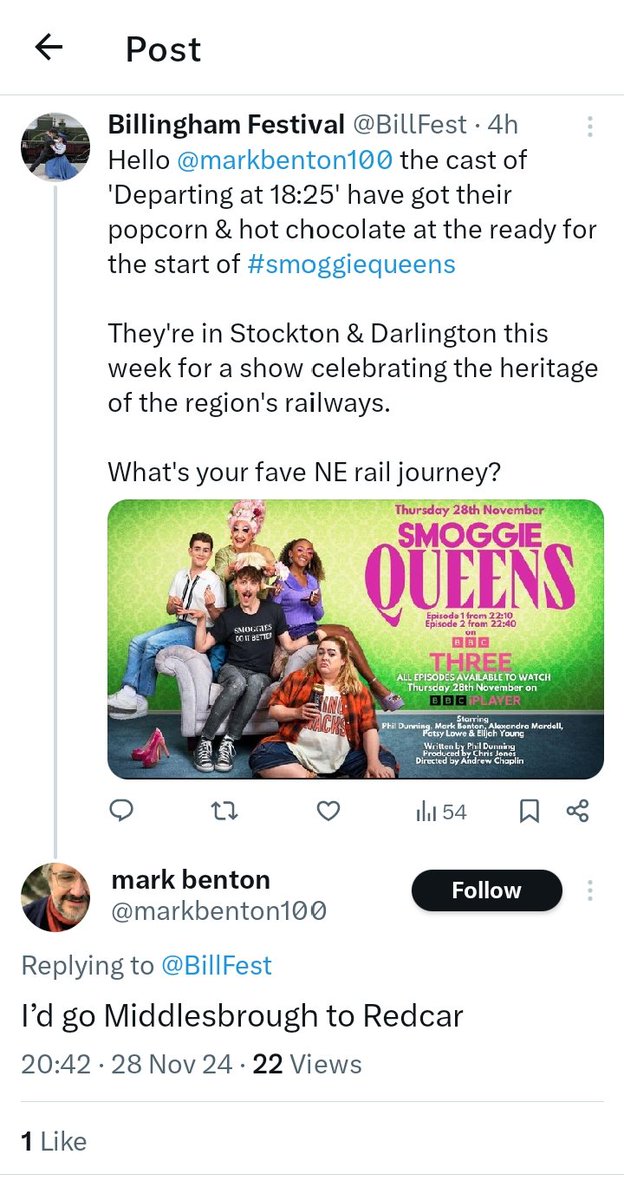 Billingham Festival (@billfest) on Twitter photo We asked people what their fave local railway journey was and the amazing <a href="/markbenton100/">mark benton</a> said: #Middlesbrough to #Redcar 🚂
This was to coincide with the premiere of <a href="/sdrfestival/">S&DR200</a> inspired 'Departing at 18:25' happening tonight & tomorrow at <a href="/georgian_stcktn/">The Georgian Theatre</a> & <a href="/HullabalooTweet/">Theatre Hullabaloo</a> We asked people what their fave local railway journey was and the amazing <a href="/markbenton100/">mark benton</a> said: #Middlesbrough to #Redcar 🚂
This was to coincide with the premiere of <a href="/sdrfestival/">S&DR200</a> inspired 'Departing at 18:25' happening tonight & tomorrow at <a href="/georgian_stcktn/">The Georgian Theatre</a> & <a href="/HullabalooTweet/">Theatre Hullabaloo</a>
