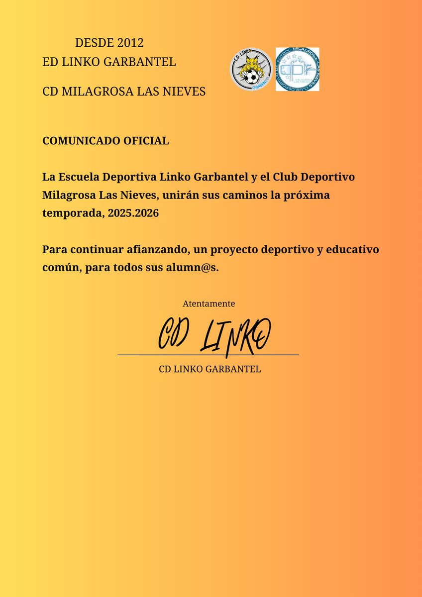 Garbantel's tweet photo. 🚨 GRAN NOTICIA 🚨
La próxima temporada 2025/2026, @LINKOavila  y el CD Milagrosa Las Nieves ¡UNEN CAMINOS! 🤝⚽
Desde el Grupo Empresarial Garbantel, impulsamos un proyecto deportivo y educativo para tod@s nuestr@s alumn@s. 💛🖤📚🏅

💛🖤 ¡Unidos por el futuro! 💛🖤 https://t.co/o0oYkJKdxV