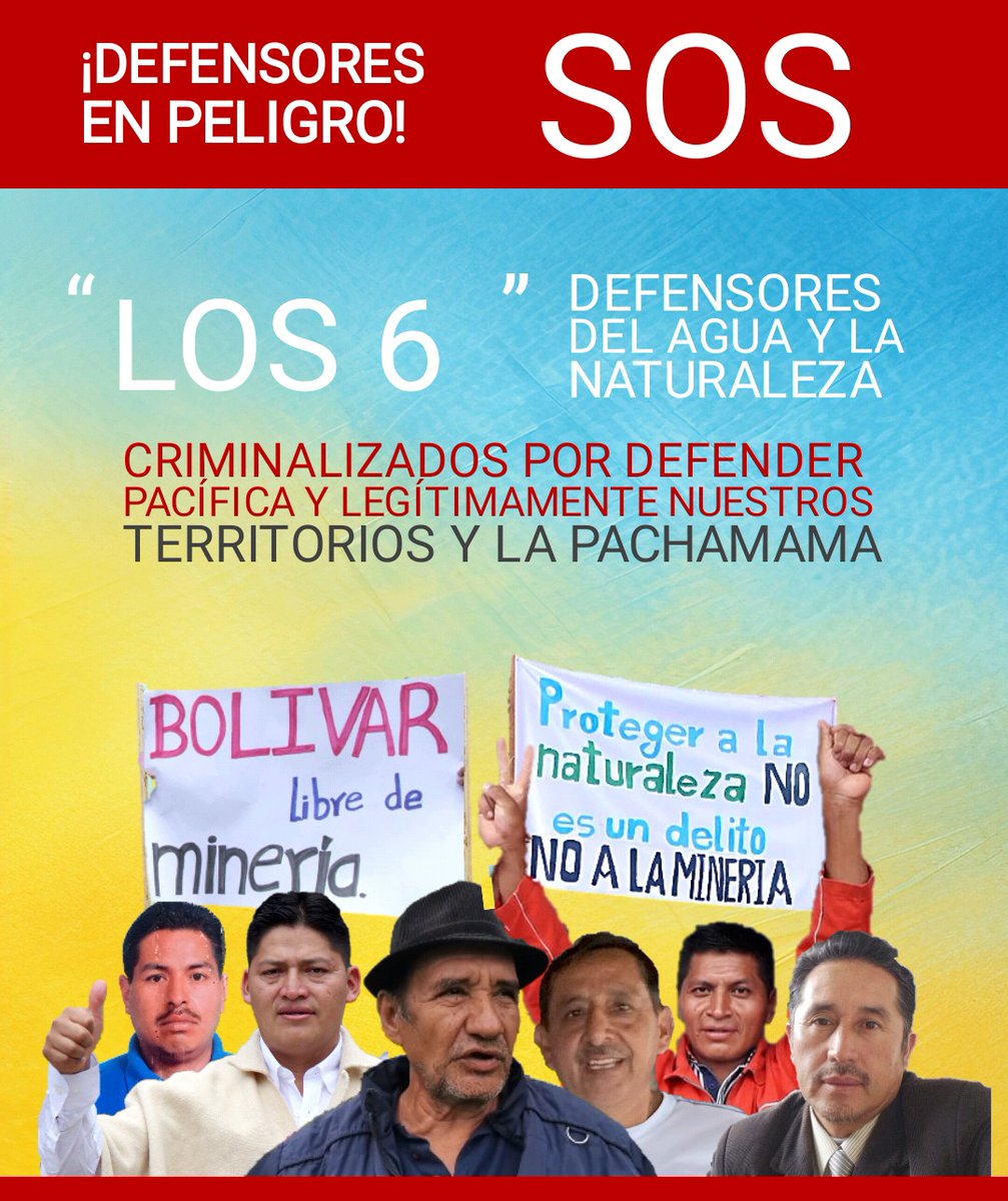 🗣️ #ComunicadoDePrensa | Ecuador: Próxima audiencia en caso de criminalización y estigmatización de seis defensores de derechos humanos y de la naturaleza en la provincia de Bolívar 🇪🇨 
.<a href="/CJudicaturaEc/">Consejo de la Judicatura</a> <a href="/CURIMINING_SA/">CURIMINING S.A.</a>
<a href="/SRL_Exploration/">Salazar Resources Ltd.</a> <a href="/MiningWatch/">MiningWatch Canada</a>

LEER 👇🏻 
frontlinedefenders.org/es/statement-r…
