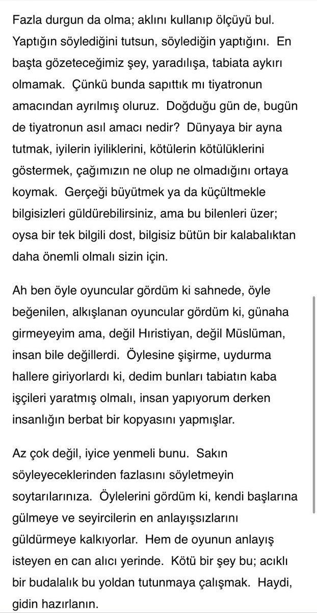 Hamletin oyunculara bir tiradı vardı şu sıralar çok sık okuyor ve çok iyi anlıyorum…