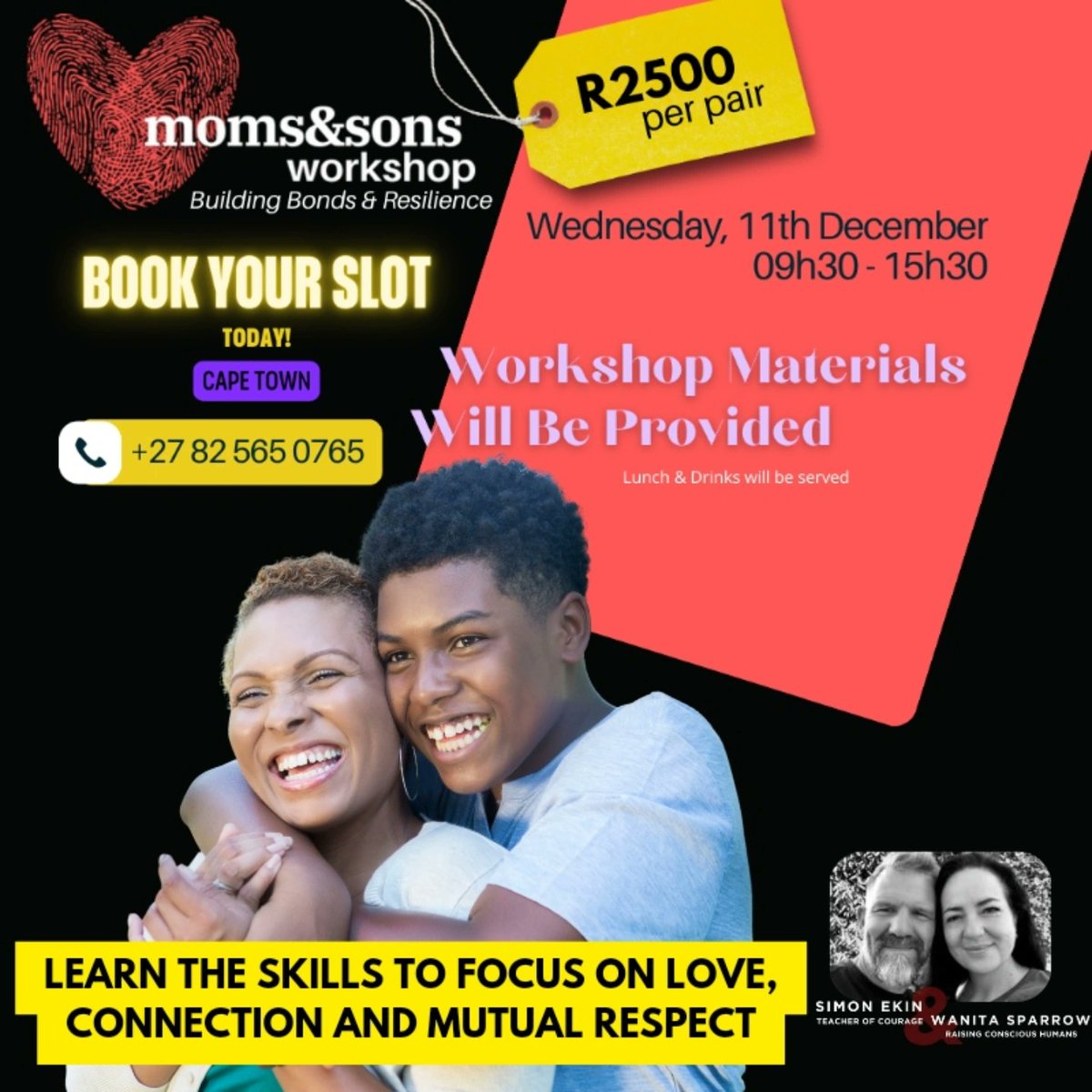 Calling on Mom's &amp; Son's: this workshop is for YOU.
Learn the skills to focus on love, connection and mutual respect!
Date: Weds,11th December
Time: 09h30-15h30
Refreshments: lunch, tea and coffee provided.

BOOK YOUR TICKET quicket.co.za/events/287471-…
