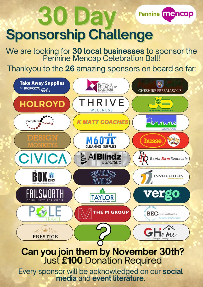 The Pennine Mencap Celebration Ball is tomorrow! 

It's been a busy month, with 26 local businesses sponsoring the event. This means we are only four away from hitting our goal of achieving 30 sponsorships in the 30 days before the ball!

Call us on 0161 627 1025 to help out 💚💚