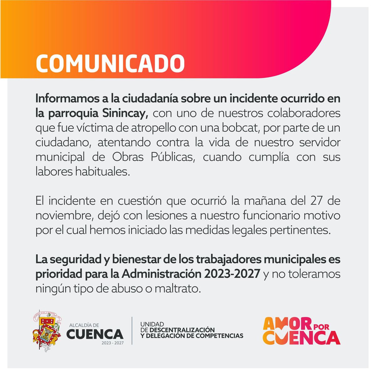 📣#Comunicado:

Debido al incidente ocurrido en la parroquia de #Sinincay, se tomarán las medidas legales correspondientes.