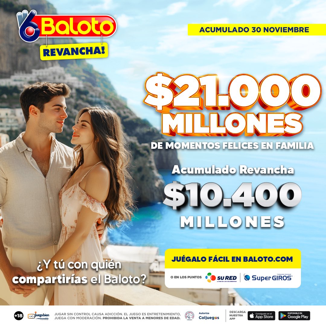 Baloto_Colombia's tweet photo. Con $21 MIL MILLONES, todo eso puede ser posible. ✨ ¿Tienes a alguien especial en mente? Juega en https://t.co/WZW1FAlVBF ​
.
.
.
#Baloto #BalotoColombia #Coljuegos #SorteoColombia #BalotoRevancha #Sorteo #Ingresos #Ganancia #Premios https://t.co/CfUvig6z5u
