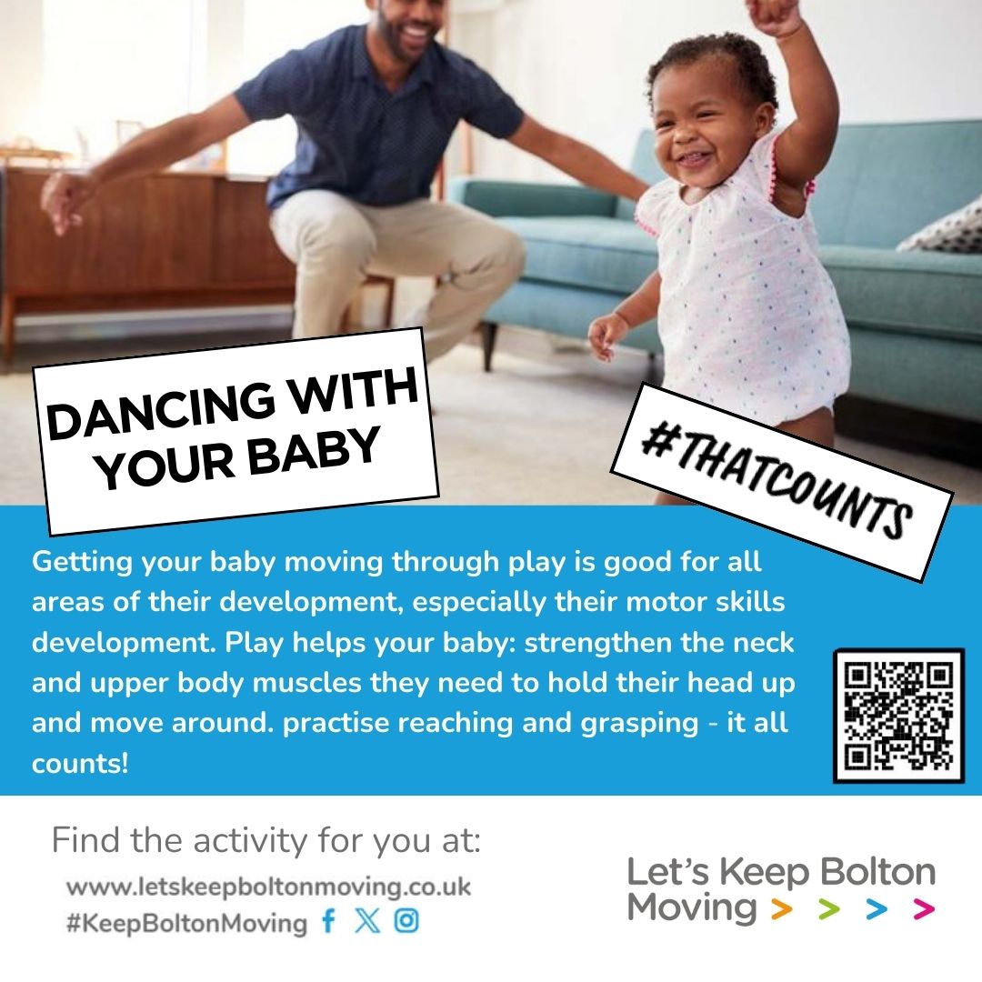 PH_Bolton's tweet image. Get moving with your little one! 🕺👶 Dancing helps develop motor skills, strengthens muscles, and is a whole lot of fun! 💃💪 
#ThatCounts #KeepBoltonMoving