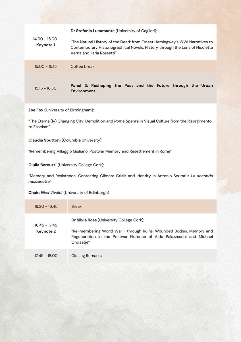 This year's SIS PG Colloquium, co-organised by <a href="/NoreenKane16/">Noreen Kane</a> and Francesca Nieddu is coming up!

Join us at the Italian Department, University College Cork for an exciting day of conversations and exchange on the topic of 'Memory and Italian Culture'

Programme below 👇