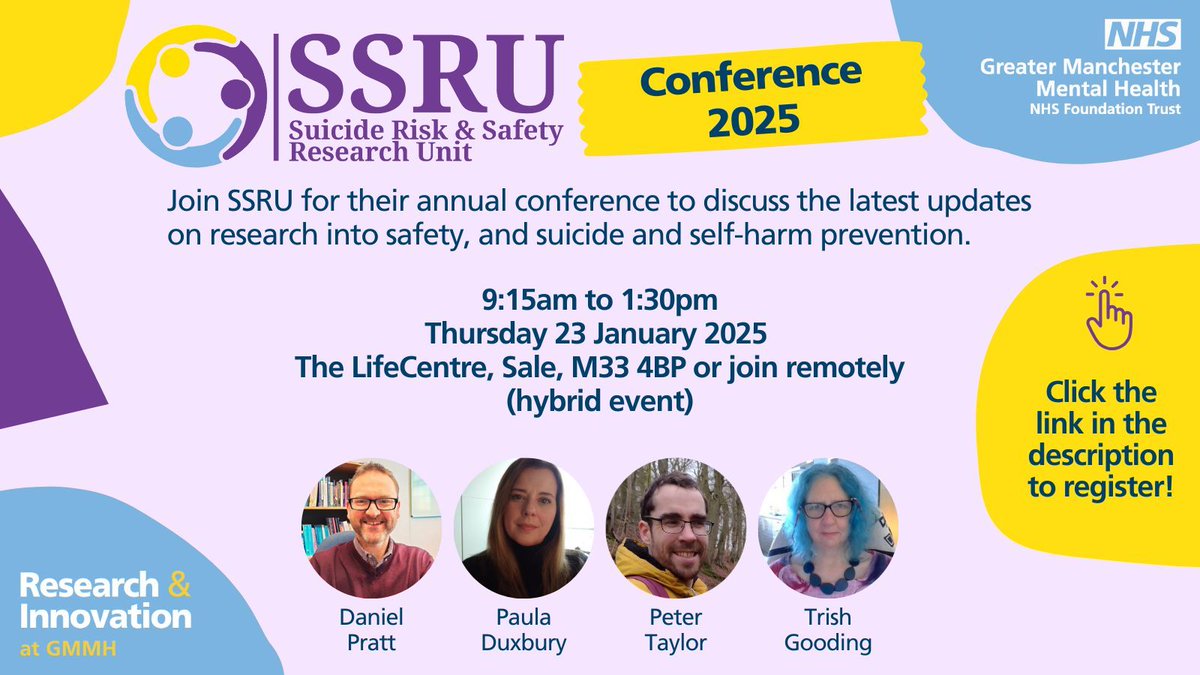 The Suicide, Risk and Safety Research Unit (<a href="/SSRU_GMMH/">SSRU (Suicide, Risk and Safety Research Unit)</a>) has announced their conference will take place on Thurs 23 January 2025 - register now to attend either in person or remotely!  buff.ly/41aCvL0 
#ResearchGMMH #suicideresearch #patientsafety
<a href="/GMMH_NHS/">Greater Manchester Mental Health</a>