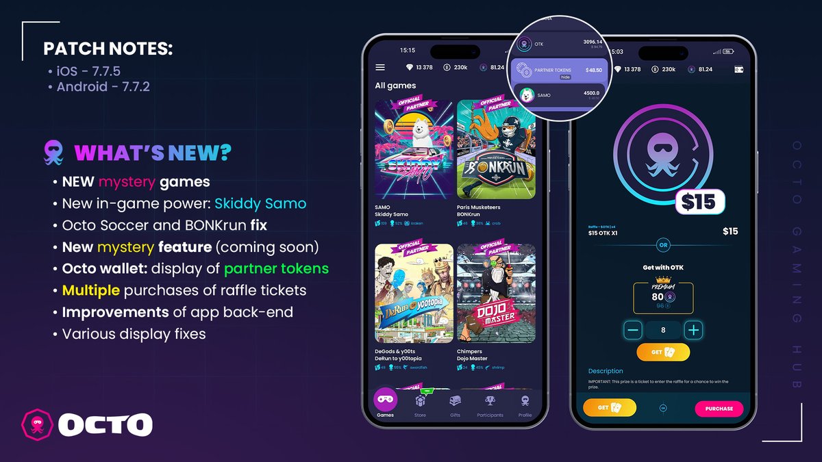 What’s new in the latest Octo Gaming update? 

This one’s BIG! 📲🔥

• 2 new games ready to launch 🎮👀
• A mysterious new feature 🏆 
• Buy multiple raffle tickets at once 🎟️
• Tons of improvements for smoother gaming 🚀

Available now! Let's play!🐙