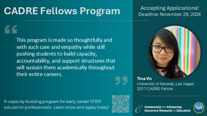 CADREK12's tweet image. TODAY is the deadline to apply for the 2025 CADRE Fellows program! Early career scholars in #EPSCoR jurisdictions &amp;amp; rural areas are invited to apply. Learn about #STEMEd career pathways, dissemination, community building, &amp;amp; funding. cadrek12.org/about-cadre-fe…. #NSFfunded #EdResearch