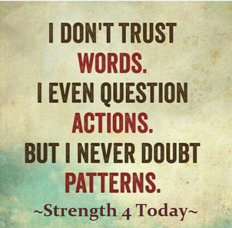 Strengthfor2day's tweet photo. I Don't Trust Words.
I Even Question Actions.
But I Never Doubt Patterns.
#TrustWords #QuestionActions #DoubtPatterns #RecoveryPosse #Strengthfor2day https://t.co/SdywK1v4h9