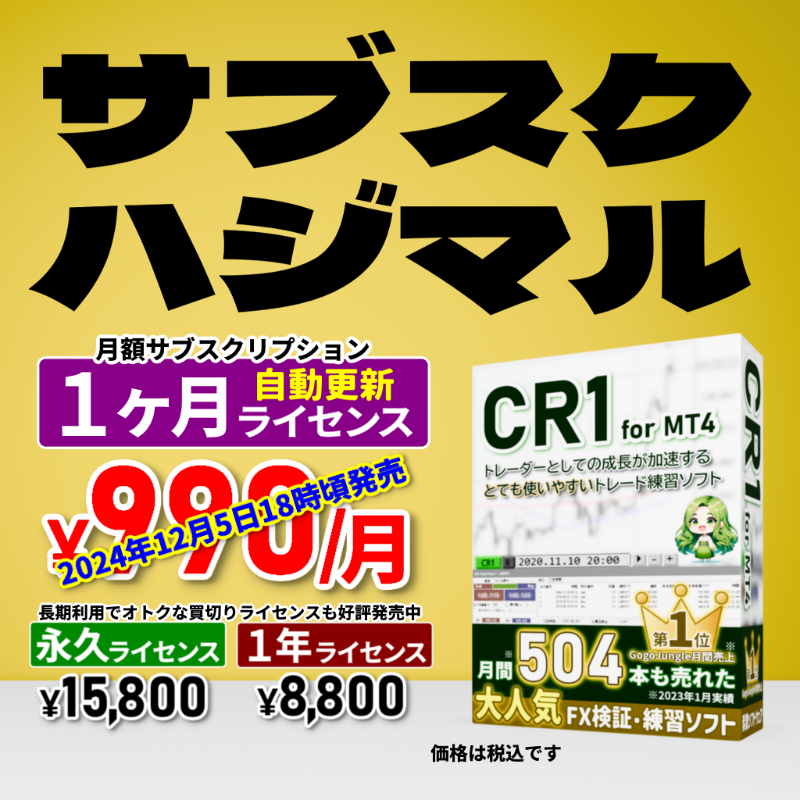 sosu_software's tweet photo. クラス最安レベルなのに使いやすいFX裁量トレード練習ソフト「CR1 for MT4」にサブスク版が登場!2024年12月5日18時頃発売予定!
ご試用は▼こちら▼からどうぞ!