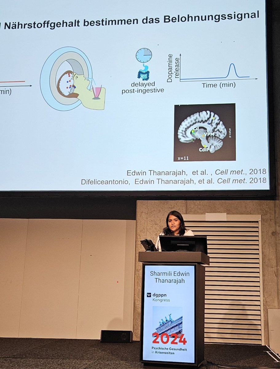 Our brain loves high-calory food! <a href="/SThanarajah/">Sharmili Edwin Thanarajah</a> shows that our brain releases a delayed dopamine response after unhealthy food at #DGPPN2024