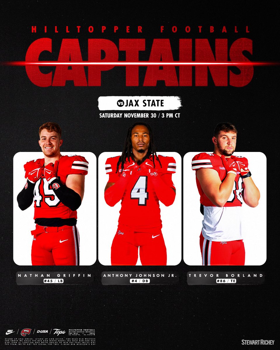 WKU Football (@wkufootball) on Twitter photo Senior Day Captains ๐ซก
๐ <a href="/n8_griff/">Nathan Griffin</a>
๐ <a href="/humbled_ant/">021720</a>
๐ <a href="/TrevorBorland86/">Trevor Borland</a>
presented by <a href="/StewartRichey/">Stewart-Richey Const</a> Senior Day Captains ๐ซก
๐ <a href="/n8_griff/">Nathan Griffin</a>
๐ <a href="/humbled_ant/">021720</a>
๐ <a href="/TrevorBorland86/">Trevor Borland</a>
presented by <a href="/StewartRichey/">Stewart-Richey Const</a>