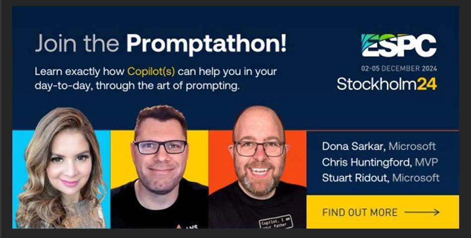 donasarkar's tweet image. Friends at #ESPC!

Do you know about the Pre-day Promptathon?? 

This is where:

1. You come with a business problem or process 

2. We help you use the M365 Copilot or the Microsoft Copilot to solve said problem 

3. You show off your solution and are a hero! (Please take this…