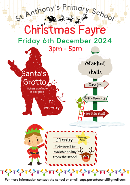 Only seven more sleeps until St Anthony's Christmas Fayre #workingtogetherforexcellence Tickets for all events and competitions will be available for families at the office and at lunchtime for our children #teamwork <a href="/AliAllan_PLL/">Ali Allan</a>