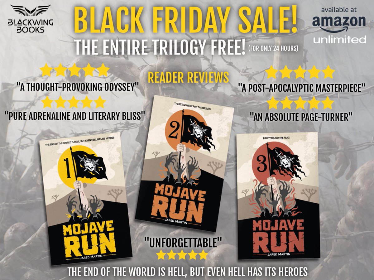🚨 BLACK FRIDAY BOOK SALE! 🚨

The entire Mojave Run trilogy is currently FREE for 24 hours! The first reviews are in, and the buzz is just beginning.

⭐️⭐️⭐️⭐️⭐️ “A Post-Apocalyptic Masterpiece” - Reader Review 

#ReaderCommunity #booklovers #WriterCommunity