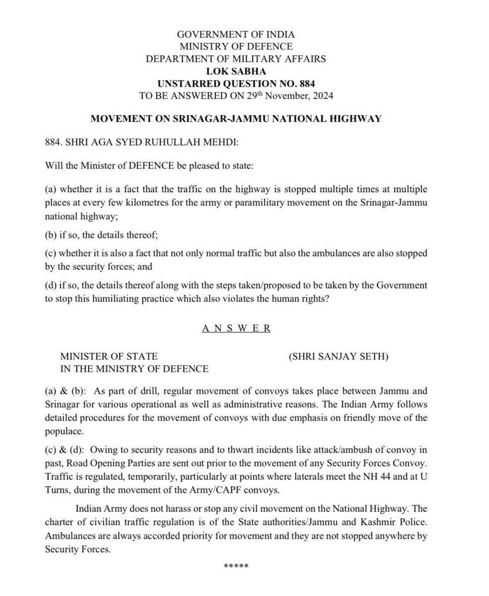 RuhullahMehdi's tweet photo. I asked GoI to stop the harassment of people and blockading of traffic including ambulances on Sgr-Jmu national highway during security forces convoy movement. 
This is their response. Full of blatant lies.

Also sharing some video evidence in the thread to expose their lies. https://t.co/wqm3eZ14j7