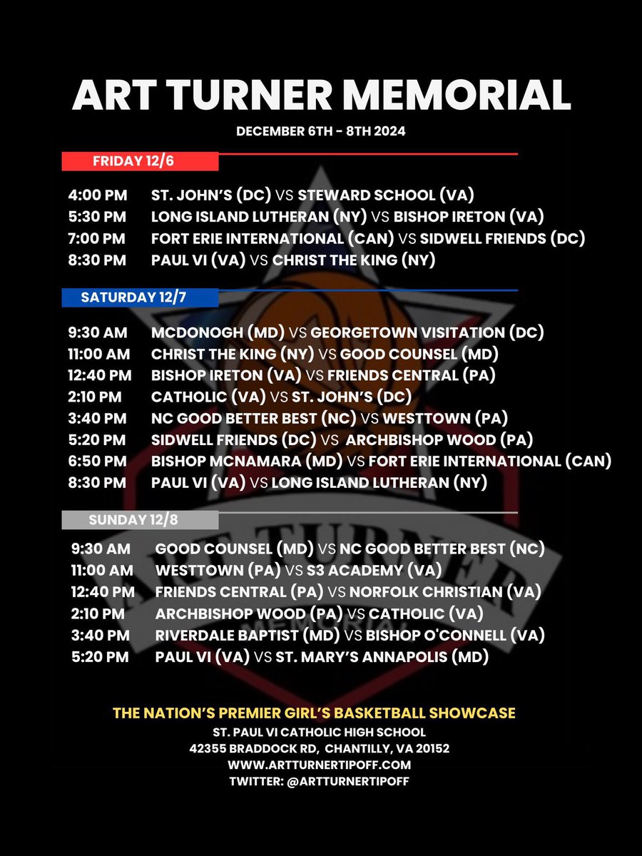 🚨 1 WEEK AWAY 🚨

College Coaches make sure to pre-register for your book and court-side DREAM SEAT online at artturnertipoff.com

DREAM SEAT’S sold out in 2023 so make sure to register ASAP to be onsite for this amazing lineup of games December 6-8 at Paul VI!!!!