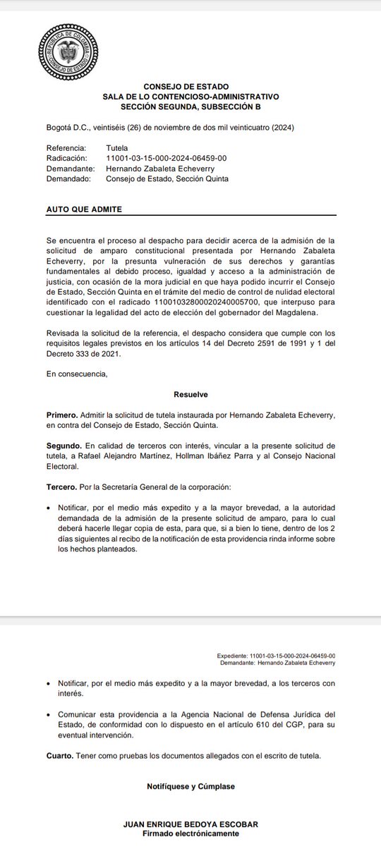WLGlobalLawyers's tweet photo. Por mora judicial injustificada en el proceso de nulidad electoral que se sigue en contra del Gobernador del Magdalena, la Sección Segunda del Consejo de Estado, admite acción de tutela en contra de la Sección Quinta de la misma Corporación. Despacho - Luis Alberto Álvarez Parra https://t.co/YSuPZhNdpt