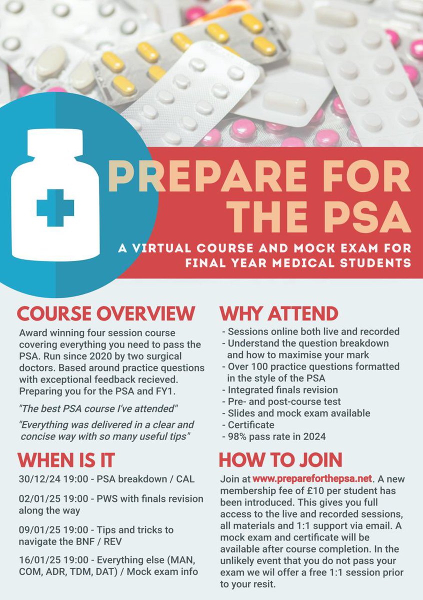 Prepare for the PSA 2025 is now confirmed! Last year we reached 1 in 5 final year medical students. 30% had no prior PSA teaching and another 30% had only 1-2 PSA teaching sessions at medical school. 98% passed on their first attempt after our course! #prepareforthepsa
