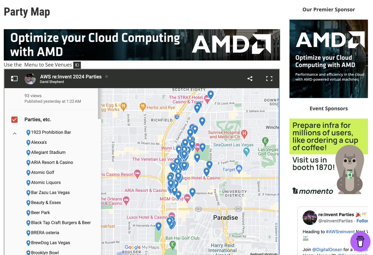 reInventParties's tweet image. Hey re:Invent Folks!

We&apos;ve Finally Updated the Party Map!

There are 80+ Venues with Events Next Week!

Enjoy!

conferenceparties.com/reinvent2024/p…

#AWSreInvent #AWSreInvent2024
