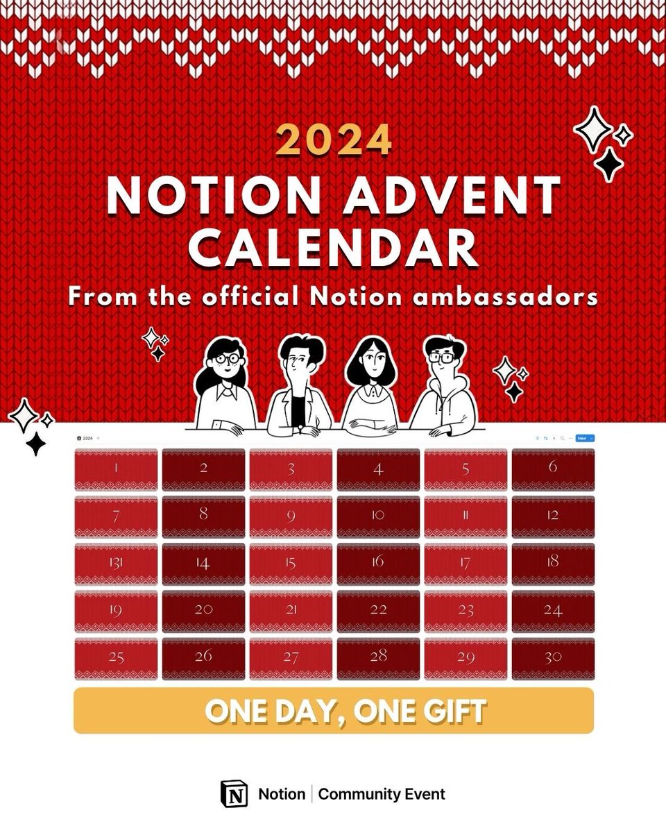 AffouetEmma's tweet image. 🎄 This December, get ready for 30 days of festive surprises brought to you by Notion Ambassadors from all around the world.
📅 Starting December 1st, we’ll reveal one special gift each day
#NotionAdventCalendar #NotionCommunity #Notion