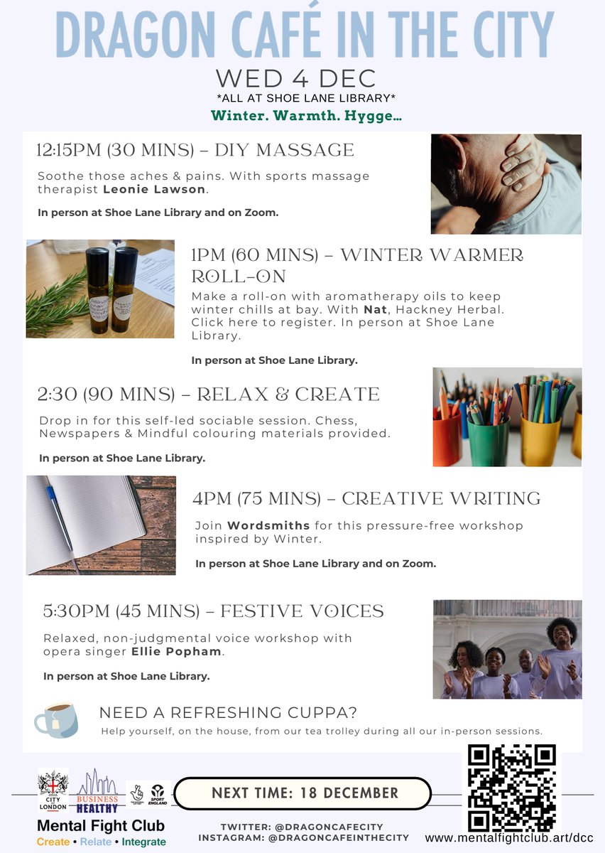 Join Dragon Café in the City on Wednesday 4 December for fun activities at Shoe Lane Library.

There will be DIY massage at 12:15pm, create a winter warmer roll-on at 1pm, creative writing at 4pm and join a voice workshop at 5:30pm.