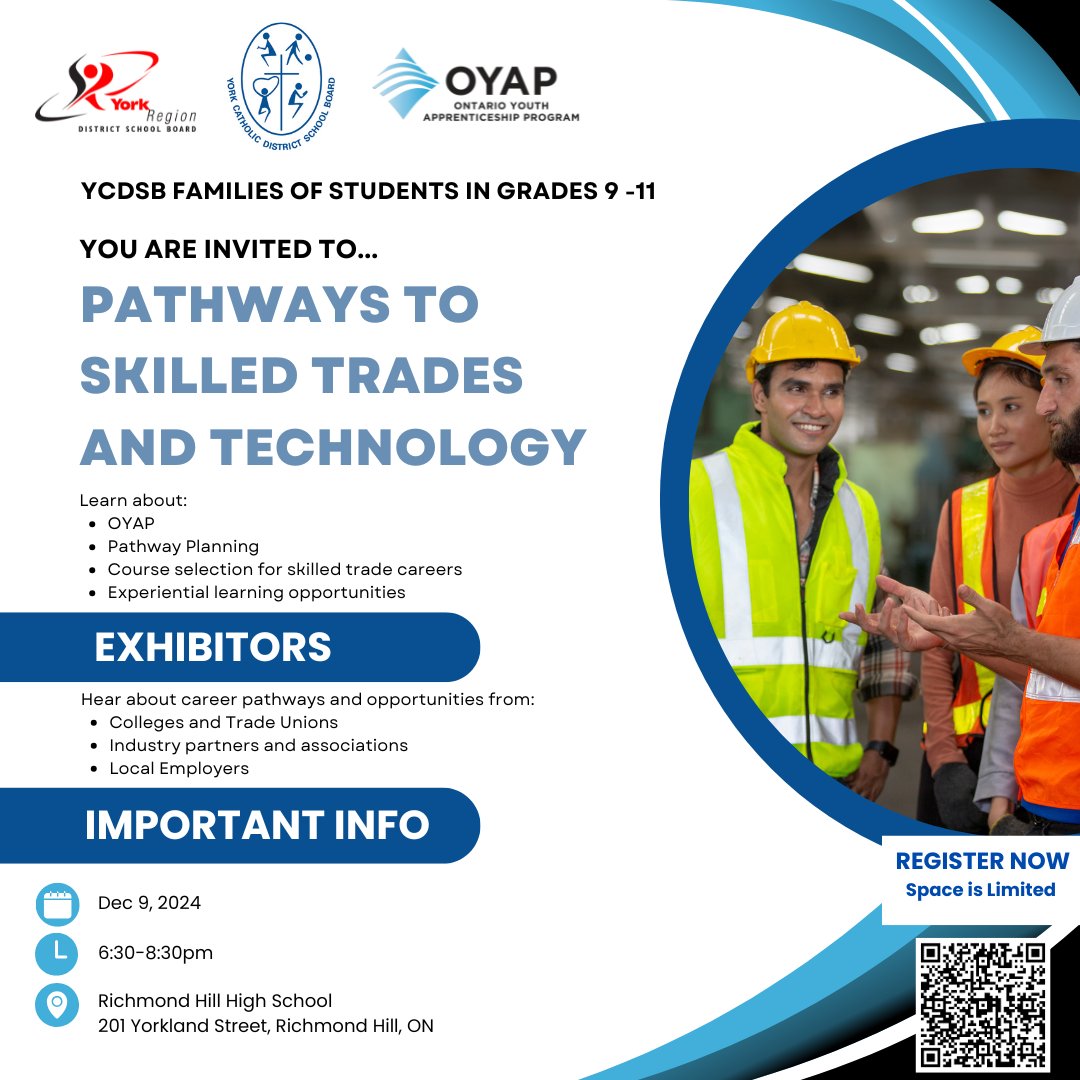 Curriculum & Assessment (YCDSB) (@cad_ycdsb) on Twitter photo Attention secondary schools! <a href="/YCDSB/">York Catholic District School Board</a> parents and guardians are invited to attend the Pathways to Careers in the Skilled Trades and Technology Open House on Monday, December 9, 2024. Refer to the poster ⬇️ for more information. <a href="/PathwaysYCDSB/">Pathways @ YCDSB</a> Attention secondary schools! <a href="/YCDSB/">York Catholic District School Board</a> parents and guardians are invited to attend the Pathways to Careers in the Skilled Trades and Technology Open House on Monday, December 9, 2024. Refer to the poster ⬇️ for more information. <a href="/PathwaysYCDSB/">Pathways @ YCDSB</a>