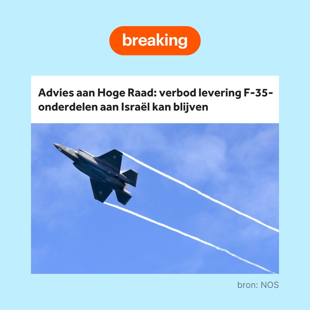Goed nieuws❗

De Advocaat Generaal gaat in zijn advies aan de Hoge Raad mee met de uitspraak van het Hof dat de Nederlandse Staat de uitvoer van F-35-onderdelen naar Israël moet stoppen. 

🔗: nos.nl/artikel/254637…